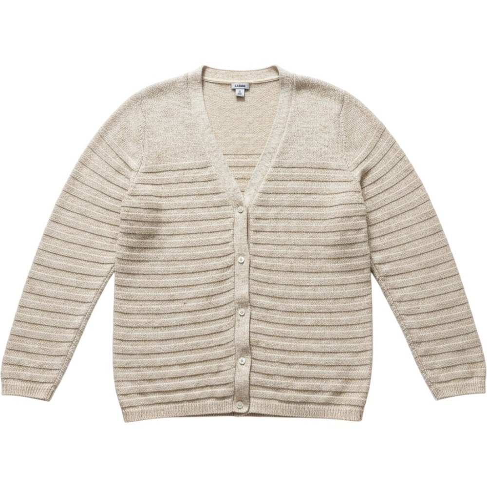 L.L.Bean Cardigan Sweater XL Oatmeal Beige Horizontal Ribbed Knit Classic